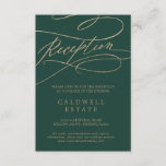 Romantic Green Calligraphy Reception Tussenvoegsel Informatiekaartje<br><div class="desc">Deze romantische groene kaart voor de ontvangst van calligrafie is perfect voor een eenvoudige bruiloft. Het moderne klassieke ontwerp is voorzien van fancy draden en grillen met prachtige elegante handgeschreven faux champagne Gold folie-typografie. Pas deze kaart van de detailbijlage aan met uw ontvangstgegevens en voeg ook uw adres van de...</div>