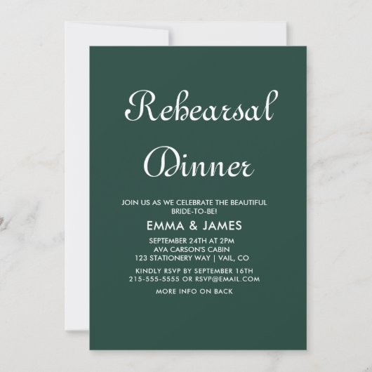 Romantic Green Calligraphy Rehearsal Dinner Kaart (Voorkant)
