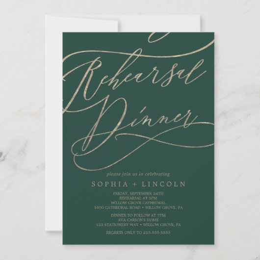 Romantic Green Calligraphy Rehearsal Dinner Kaart (Voorkant)
