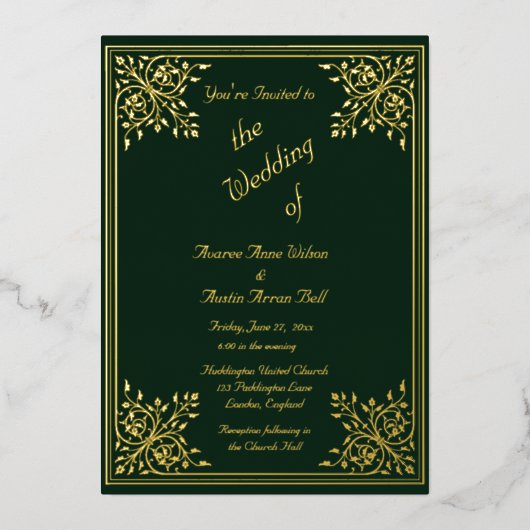 Romantic Green Gold Foil Lijst and Text Wedding Folie Uitnodiging (Voorkant)
