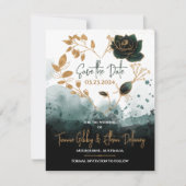 Romantic Green, Gold Roos Heart Save the Date Kaar RSVP Kaartje (Voorkant)