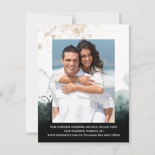 Romantic Green, Gold Roos Heart Save the Date Kaar RSVP Kaartje (Achterkant)