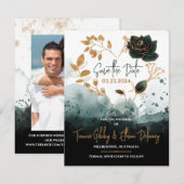 Romantic Green, Gold Roos Heart Save the Date Kaar RSVP Kaartje (Voorkant / Achterkant)