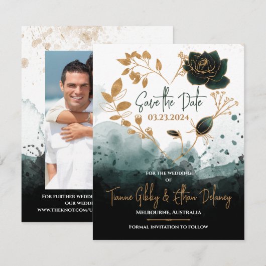 Romantic Green, Gold Roos Heart Save the Date Kaar RSVP Kaartje (Voorkant / Achterkant)