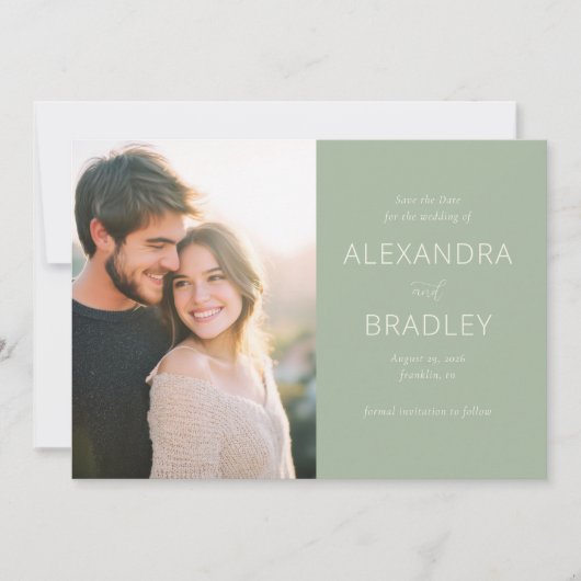 Romantic Green Minimalist Photo Save The Date (Voorkant)