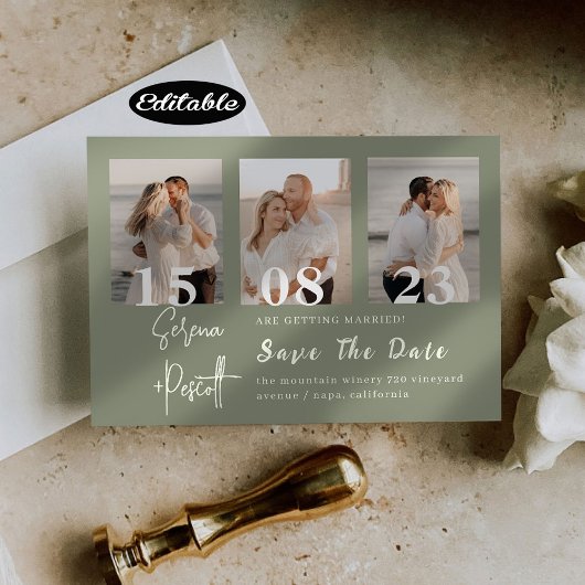 Romantic Green Photo Collage Save the Date Kaart