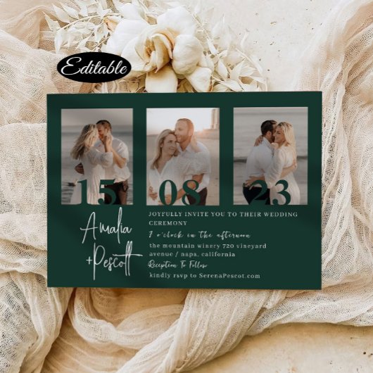 Romantic Green Photo Collage Wedding Invitation Kaart