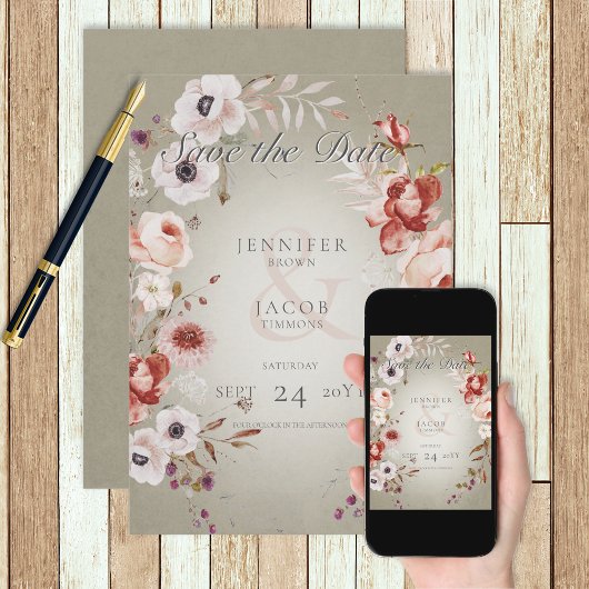 Romantic Green Pink Floral Save the Date Kaart