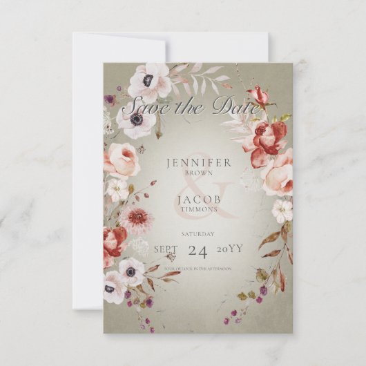 Romantic Green Pink Floral Save the Date Kaart (Voorkant)