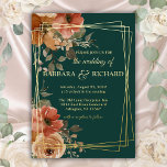 Romantic Green Real Gold Foil Floral Wedding Folie Uitnodiging<br><div class="desc">Welkom uw gasten om uw speciale huwelijksdag te delen met deze mooie waterverf van de Folifant van de EONAL-FOIL- met een donkere groene achtergrond met beige en verbrande oranje bloemen omringd door groen en gouden lijst. De aanraking van kalligrafie is een perfecte aanvulling op de mooie bloemen. Een mooie ontwerpkeuze...</div>