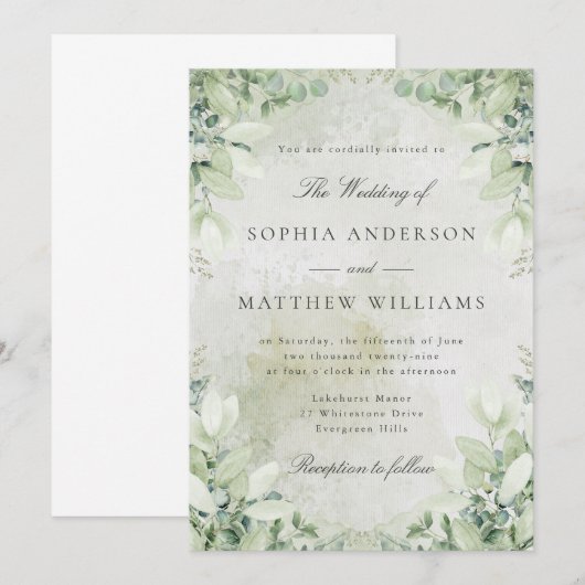 Romantic Greenery Frame Wedding Invitation Kaart (Voorkant / Achterkant)