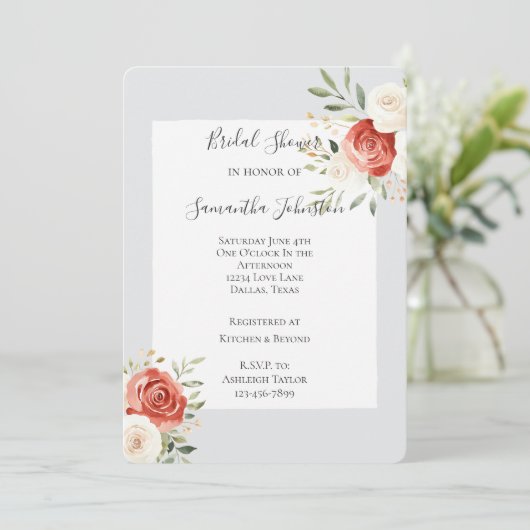 Romantic Grey Red Cream Roses Bridal Shower Kaart (Staand voorkant)
