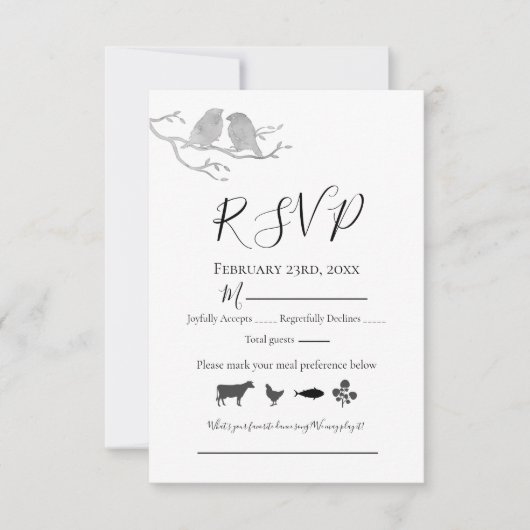 Romantic Grey Waterverf Lovevogels Tree Branch RSVP Kaartje (Voorkant)