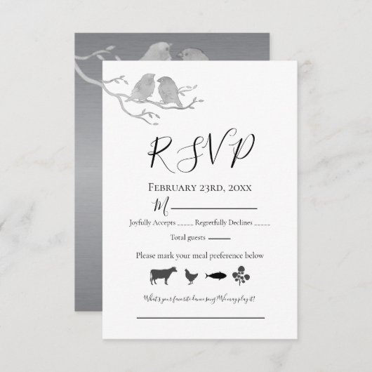 Romantic Grey Waterverf Lovevogels Tree Branch RSVP Kaartje (Voorkant / Achterkant)