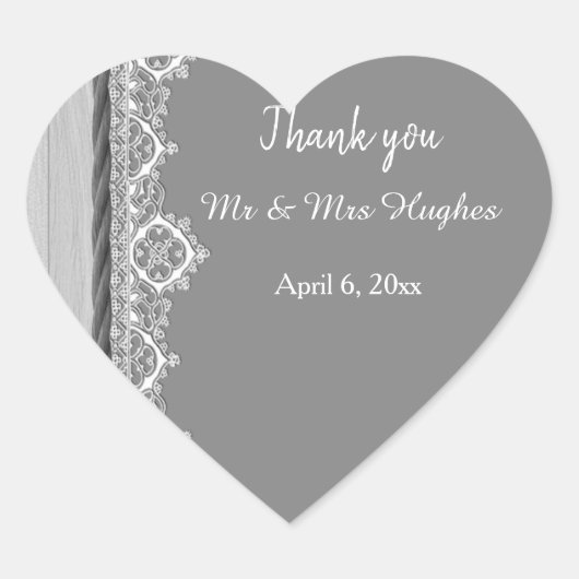 Romantic Grey White lace Grey bruiloft bedankt Hart Sticker (Voorkant)