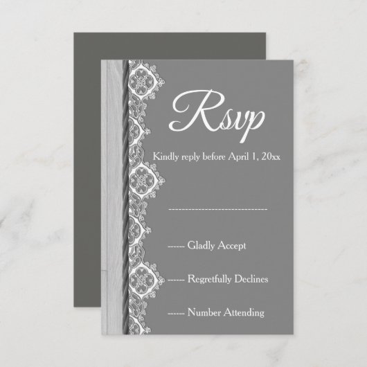 Romantic grijze witte kant en grijze bruiloft RSVP (Voorkant / Achterkant)