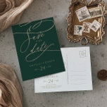 Romantic Groene Calligrafie sparen het Briefkaart<br><div class="desc">Deze romantische groene kalligrafie is het briefkaart van de datumaankondiging perfect voor een eenvoudige bruiloft. Het moderne klassieke ontwerp is voorzien van fancy draden en grillen met prachtige elegante handgeschreven faux champagne Gold folie-typografie.</div>