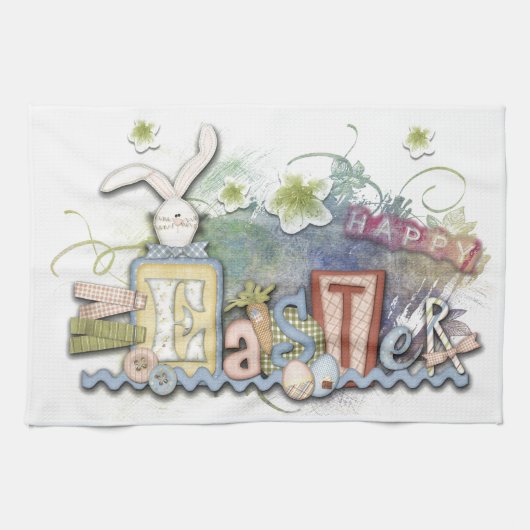 Romantic Happy Paast Bunny Greeting Kitchen Towel Theedoek (Horizontaal)