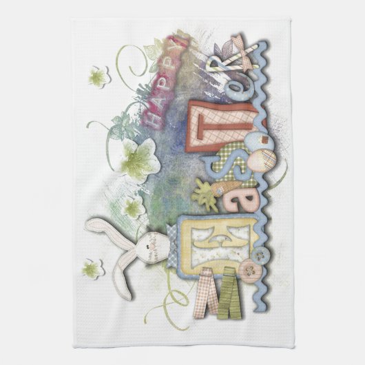 Romantic Happy Paast Bunny Greeting Kitchen Towel Theedoek (Verticaal)