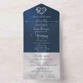 Romantic Heart & Calligraphy - Blue/Silver All In One Uitnodiging (Binnen)