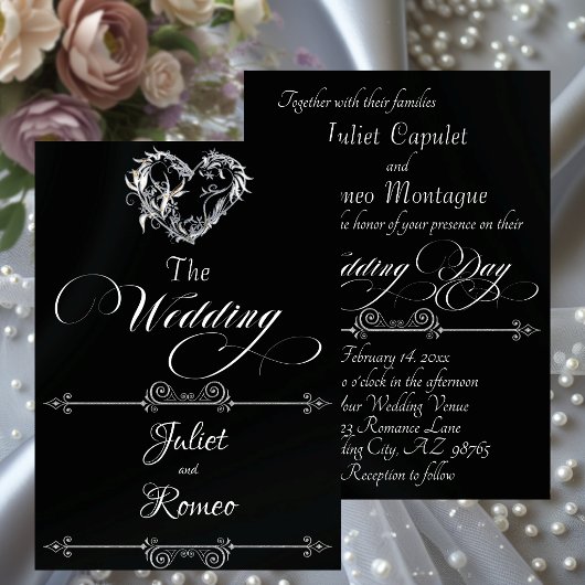 Romantic Heart & Calligraphy on Black - Wedding Kaart