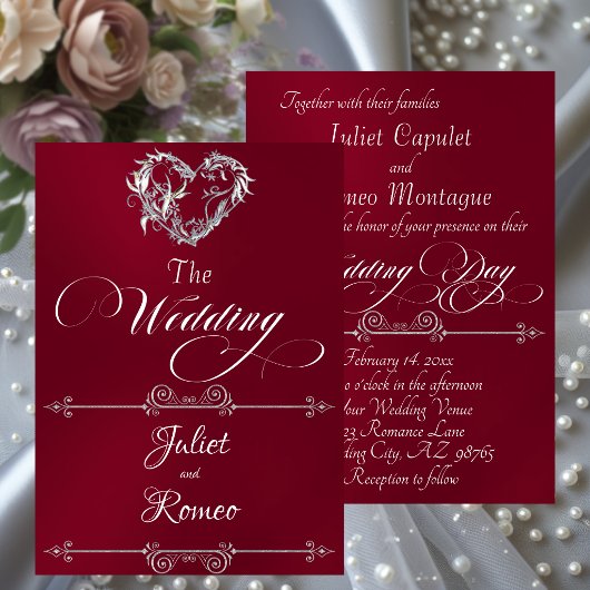 Romantic Heart & Calligraphy on Burgundy - Wedding Kaart