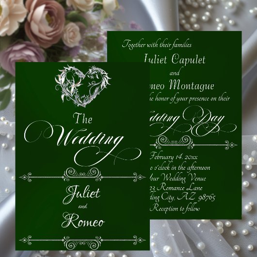 Romantic Heart & Calligraphy on Emerald - Wedding Kaart