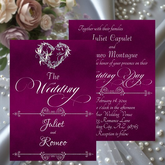 Romantic Heart & Calligraphy on Plum - Wedding Kaart