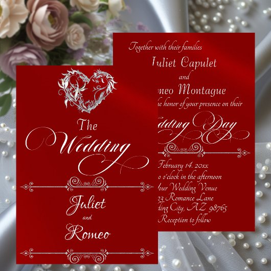 Romantic Heart & Calligraphy on Red - Wedding Kaart