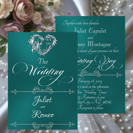 Romantic Heart & Calligraphy on Teal - Wedding Kaart