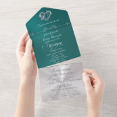 Romantic Heart & Calligraphy - Teal/Silver All In One Uitnodiging (Afscheurbaar)