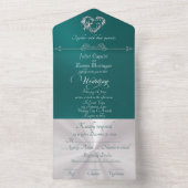 Romantic Heart & Calligraphy - Teal/Silver All In One Uitnodiging (Binnen)