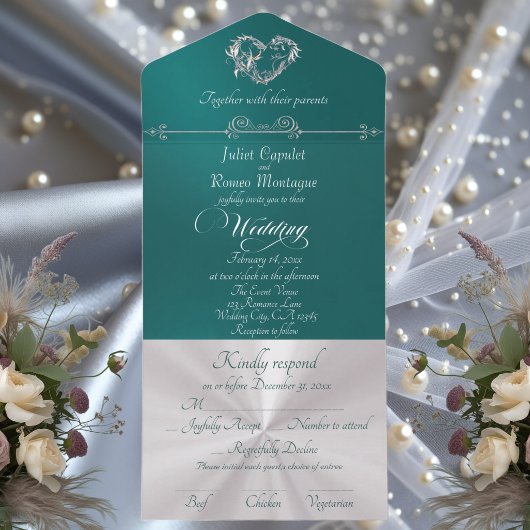 Romantic Heart & Calligraphy - Teal/Silver All In One Uitnodiging