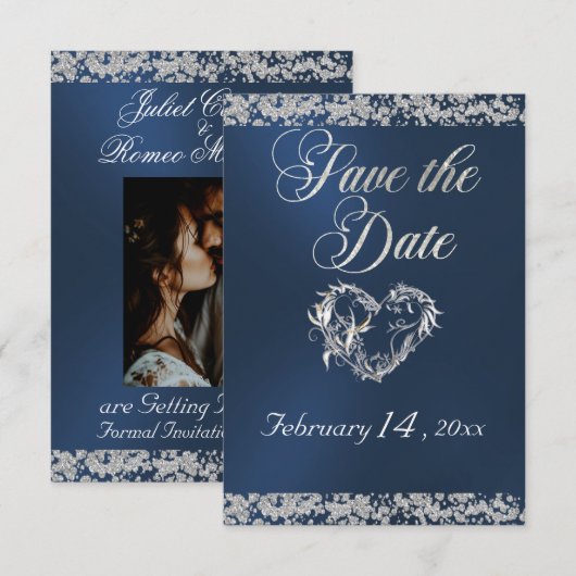 Romantic Heart & Glitter on Blue Save The Date (Voorkant / Achterkant)