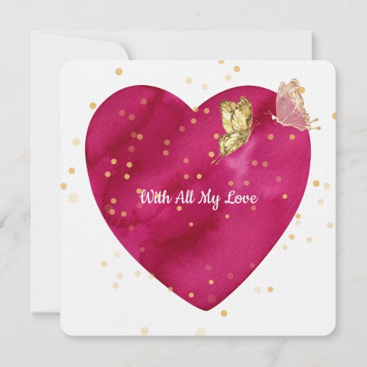 Romantic Heart & Gold Butterfly Valentine Card Feestdagenkaart (Voorkant)