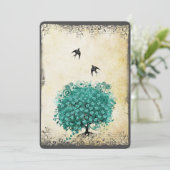 Romantic Heart Leaf Blauwgroen Tree Love Bird Wedd Kaart (Staand voorkant)