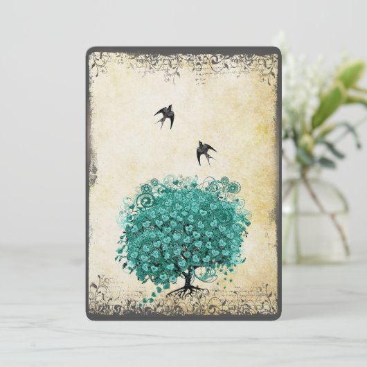 Romantic Heart Leaf Blauwgroen Tree Love Bird Wedd Kaart (Staand voorkant)