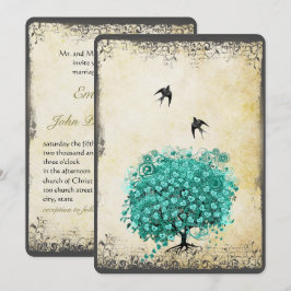 Romantic Heart Leaf Blauwgroen Tree Love Bird Wedd Kaart
