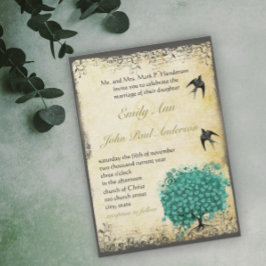 Romantic Heart Leaf Blauwgroen Tree Love Bird Wedd Kaart