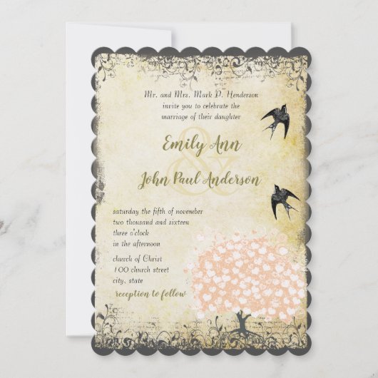 Romantic Heart Leaf roze Tree Love Bird Wedding Kaart (Voorkant)