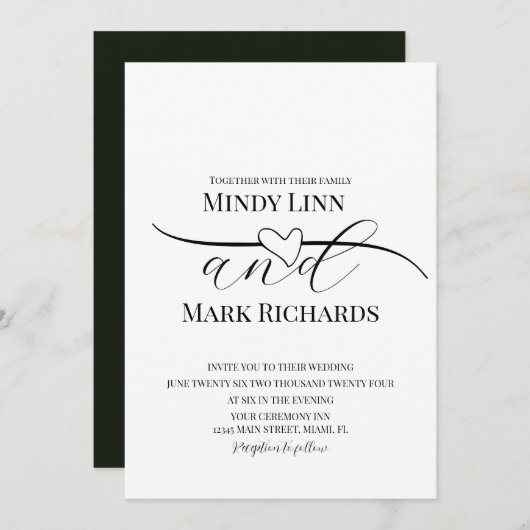 Romantic Heart Line Script Black Green Wedding Kaart (Voorkant / Achterkant)