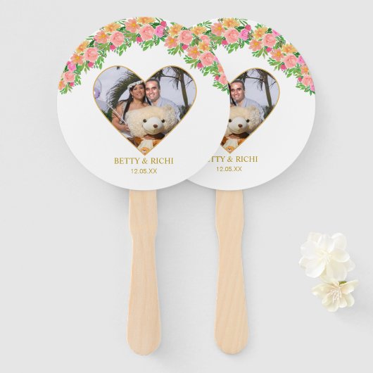 Romantic Heart & Roze Flowers Handwaaier (Voorkant en achterkant)