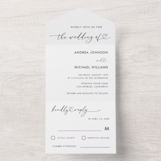 Romantic Heart Script Minimalist White Wedding All In One Uitnodiging (Binnen)
