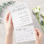 Romantic Heart Script Minimalist White Wedding All In One Uitnodiging<br><div class="desc">Verras uw geliefden met deze elegante uitnodiging,  die hartmanuscript en douanetekst kenmerkt. Voeg je eigen gegevens eenvoudig toe door op de optie 'personaliseren' te klikken.</div>
