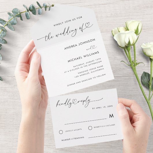 Romantic Heart Script Minimalist White Wedding All In One Uitnodiging