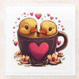 Romantic Heart-Shaped Duck Couple, Valentijnsdag Glazen Onderzetter