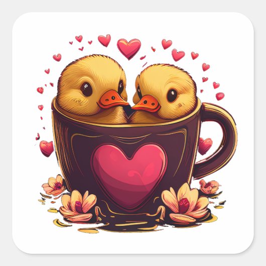 Romantic Heart-Shaped Duck Couple, Valentijnsdag Vierkante Sticker (Voorkant)