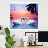 Romantic Heart Swans Tropical Sunset Paradise Poster (Thuiskantoor)