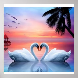 Romantic Heart Swans Tropical Sunset Paradise Poster