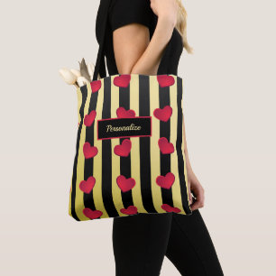 Romantic Hearts Black & Gold Stripes personalisere Tote Bag